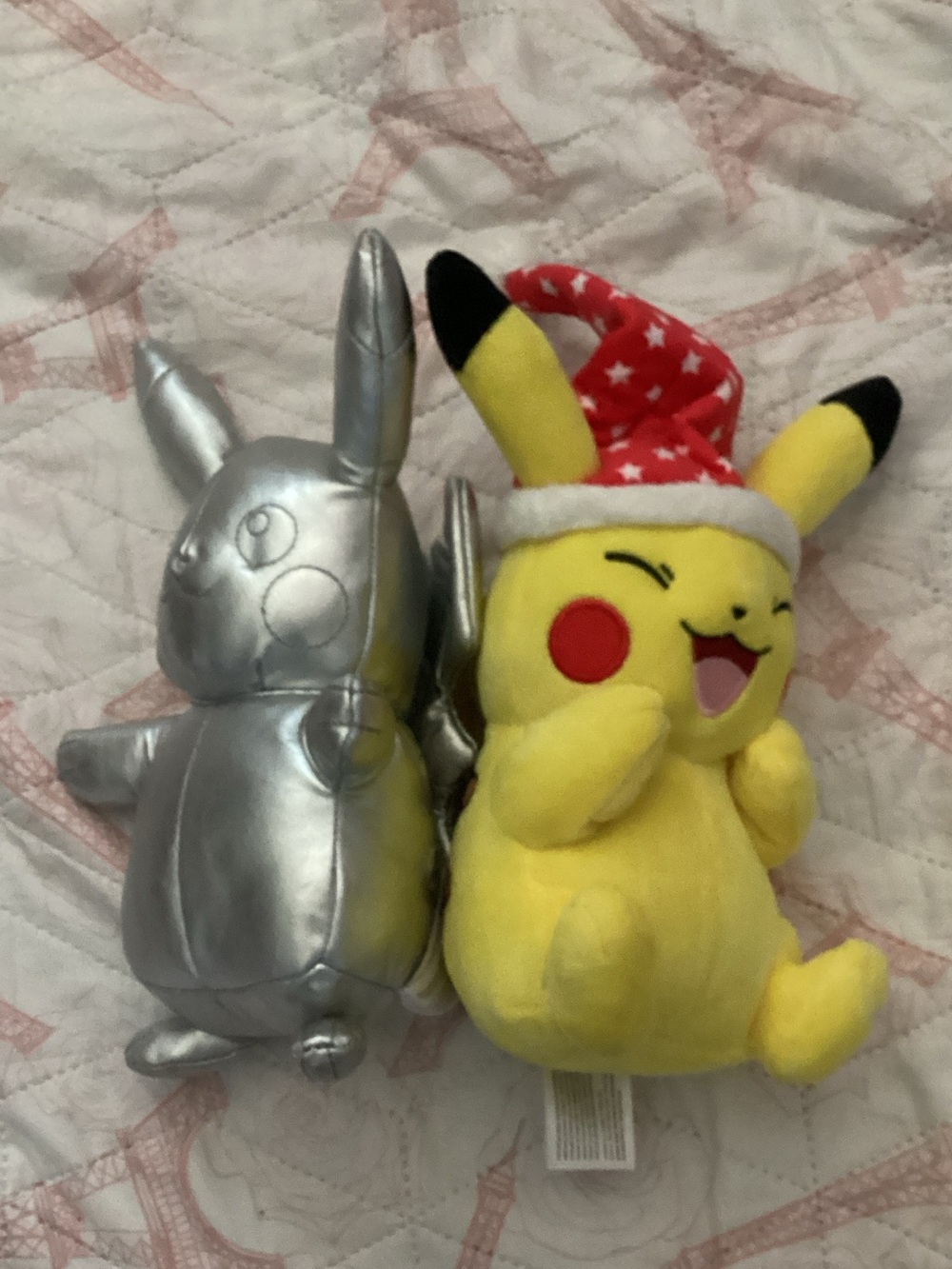 Pikachu Plush Duo — Yellow Pikachu with Red Santa Hat & Silver Metallic Pikachu